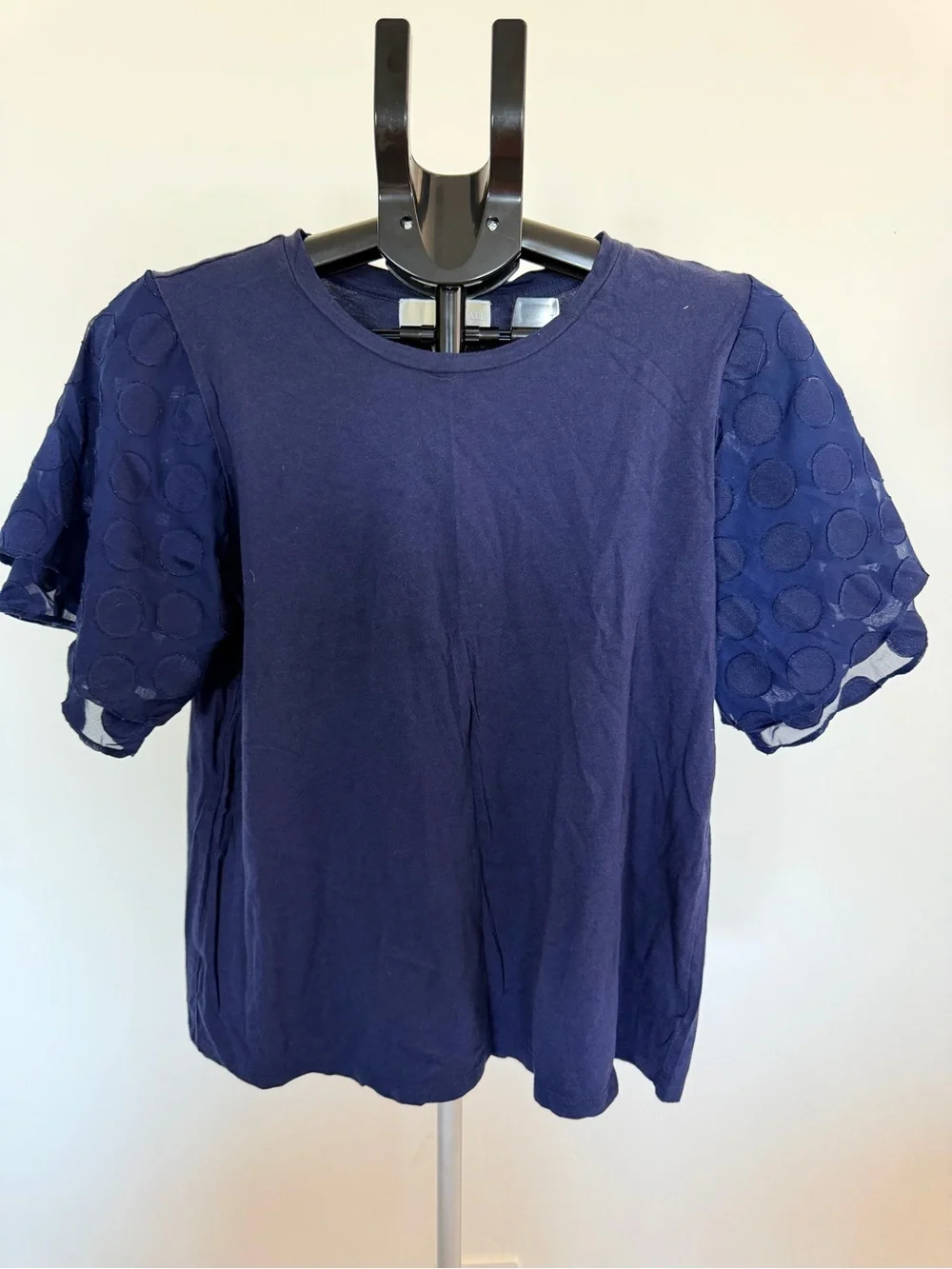 Michael Kors | Navy Short Sleeve Top with Textured Sheer Sleeves